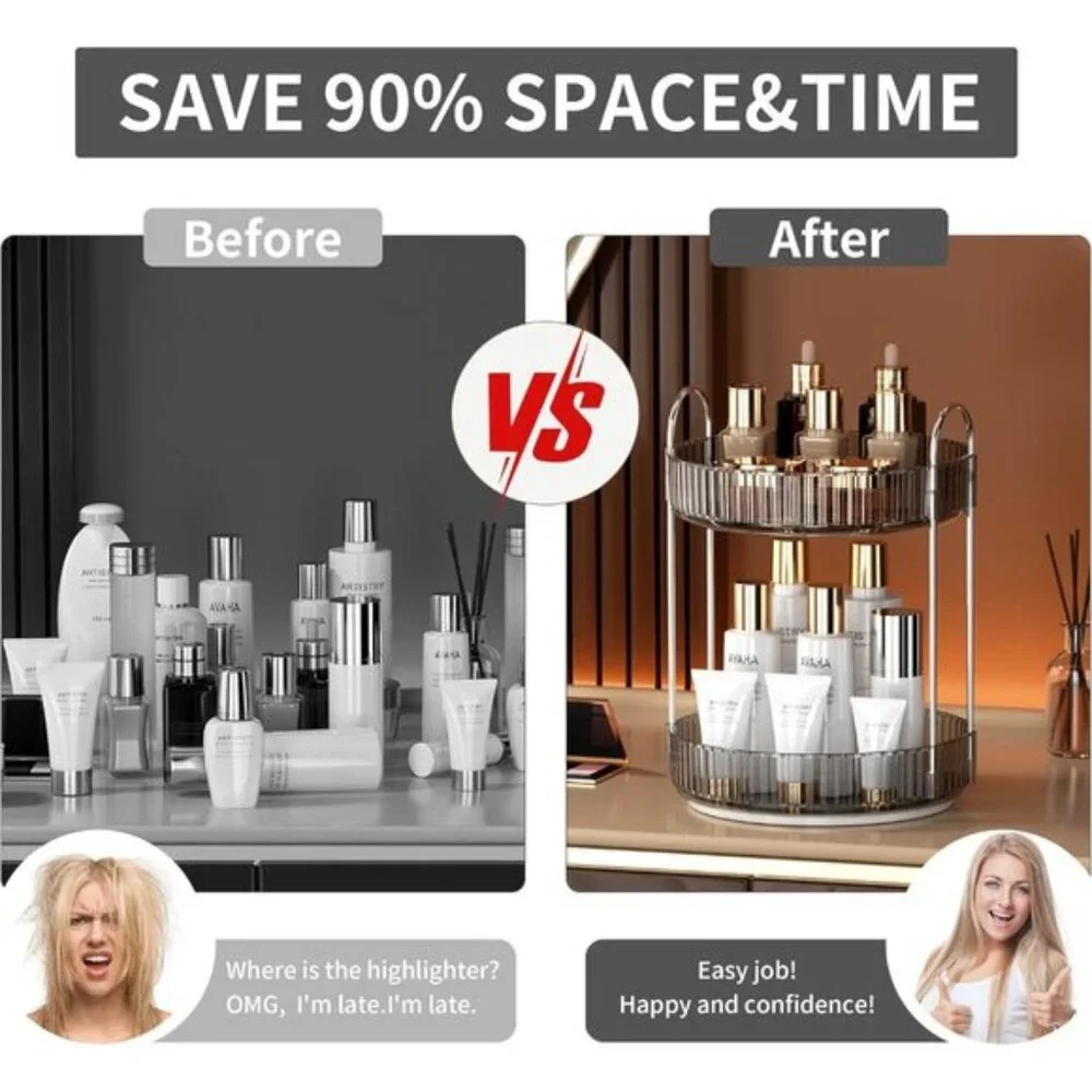 New 2-Tier 360° Rotating Smoky Gray Makeup Organizer for Vanity & Room Storage